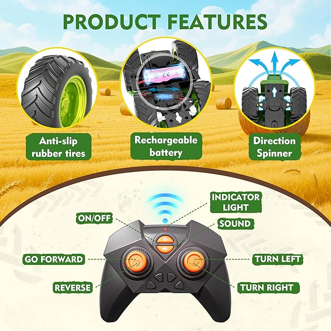 Funwee 2.4GHz RC Tractor Toy w/Light & Music, Kid Farm Car Toy w/Front Loader & Farm Animal, RC Tractor Trailer Truck Vehicle Toy for Boy Girl Age 3 4 5 6 7+ Year Old Christmas Birthday Gift (Green)