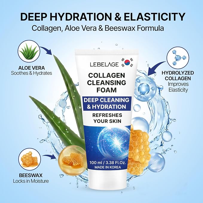 LEBELAGE Korean Collagen Facial Cleanser 3.38 oz | Cleansing Foam Face Wash | Low pH Gentle Hydrating Daily Facial Cleanser Sensitive Skin