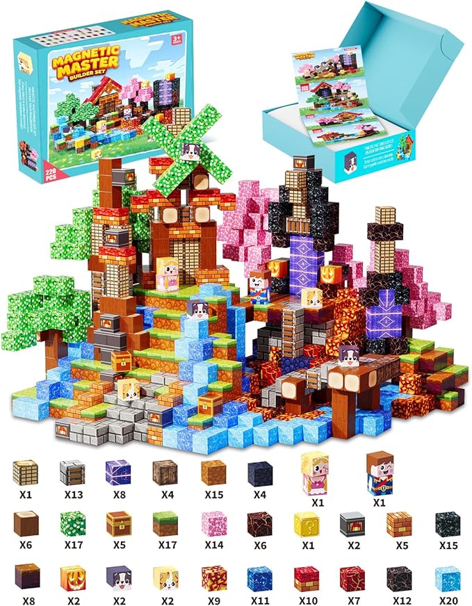 Magnetic Blocks for Kids 220PCS, Large 1-Inch Magnetic Building Blocks with Powerful Magnets, STEM Sensory Toys, Creative Educational Stacking Cubes, Perfect for Boys & Girls Ages 3-12