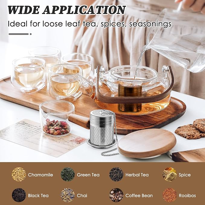 Yoassi Tea Infusers for Loose Tea, 2 Pack Extra Fine Mesh Tea Strainers, 18/8 Stainless Steel Loose Leaf Tea Steeper Tea Diffusers with Extended Chain Hook and Drip Tray