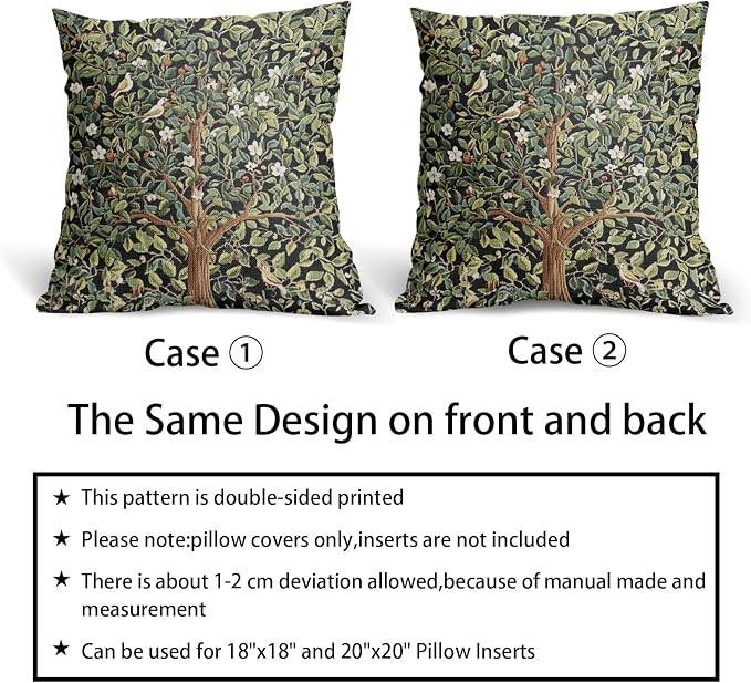 Green Tree Pillow Covers 20X20 Inch Set of 2 Watercolor Forest Bird Floral leaves Decorative Pillow Cases Spring Vintage Leaf Flower Cotton Linen Cushion Case Farmhouse Home Decor For Sofa Couch