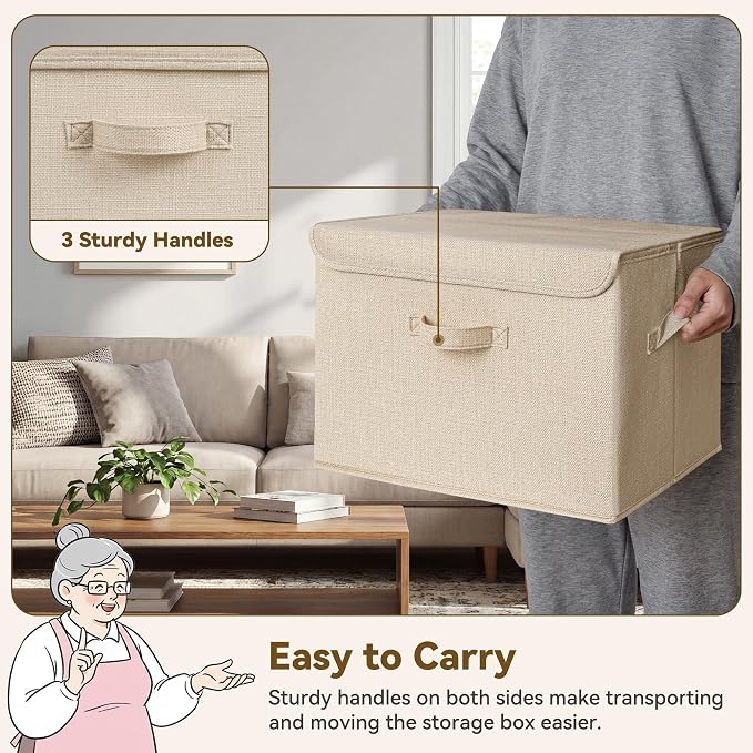 GRANNY SAYS Memory Keepsake Storage Box, Fabric Storage Bins with Lids | Flip-Top Lid, Collapsible, Stackable, 3 Handles, Ideal for Closet Clothes Blanket Toys, Extra Large, Khaki, 2-Pack