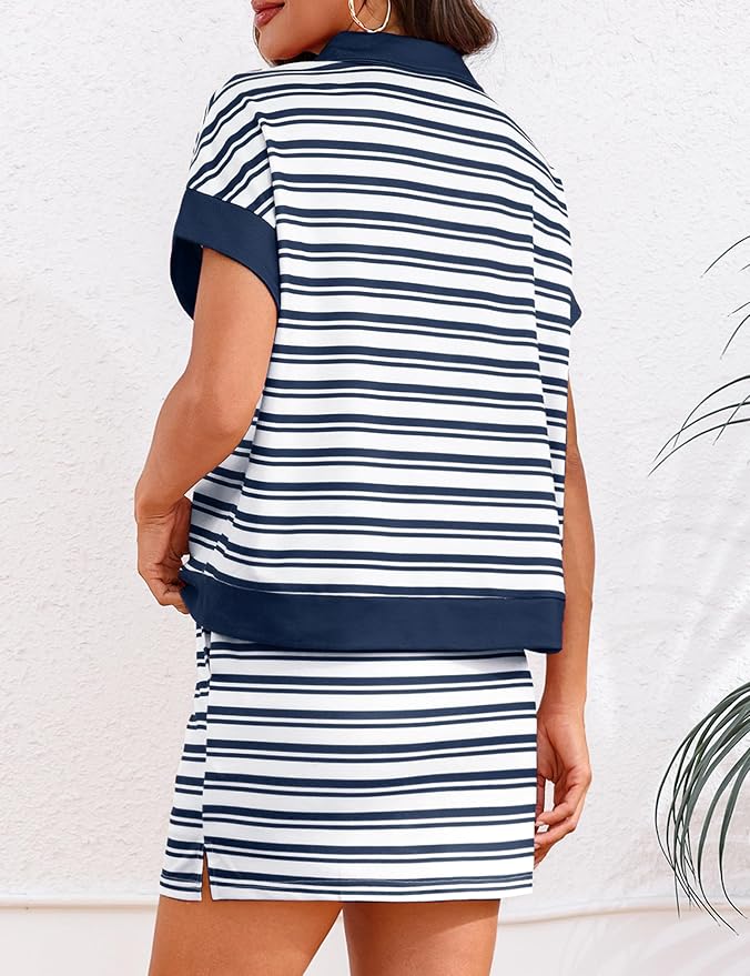 Womens Striped 2 Piece Outfits Skirt Set Summer Casual Short Sleeve Polo Skort Workout Set Matching Lounge Sets