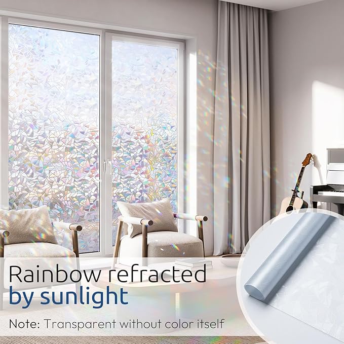 rabbitgoo Rainbow Window Privacy Film, Stained Glass Cling, 11.8" x 157.4" | Decorative Static Sticker, Non-Adhesive Reusable Window Tint, Heat Control UV Blocking Coverings for Home Doors, Living Room