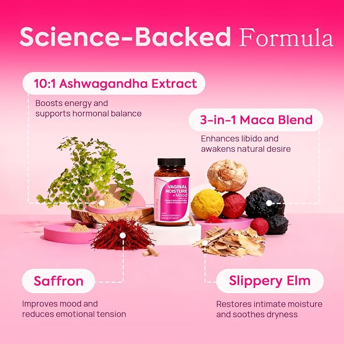 Vaginal Moisture & Libido Booster for Women - Stress Relief, Hormone Balance, Desire & Mood - Ashwagandha, Sea Moss, Maca Root, Saffron, Slippery Elm, Ginseng, Shatavari, Damiana, 60CT