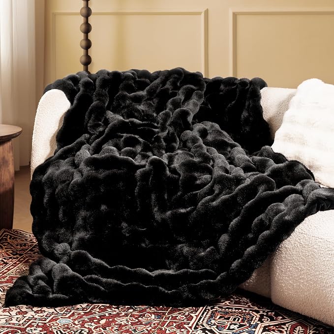 Ultra Soft Cozy Faux Fur Throw Blanket, Fuzzy Plush Thick Bubble Blanket, Luxury Fluffy Blanket for Couch, Sofa, Bedroom, and Living Room, 50x60 Inches, Black