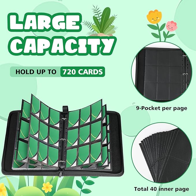 9 Pocket Card Binder for Pokemon Card, 720 Pockets Card Binder Holder with 40 Removable Sleeves, 3-Ring Zip Design Trading Card Albums for MTG/TCG/Sport Collectible Gifts for Boys and Girls (Green)