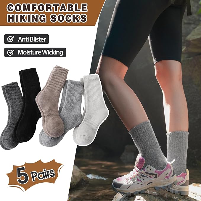 MOGGEI 5 Pairs Womens Merino Wool Socks Hiking Warm Winter Thick Thermal Crew Cozy Cabin Ladies Gift Comfy Boot Work Socks