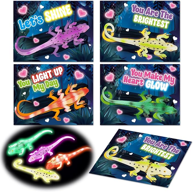 24 Pack Valentine's Day Cards for Kids with Glow in The Dark Lizard Toys, Valentines Day Gifts for Kids School Classroom Exchange, Valentine's Party Favors & Prizes for Kids
