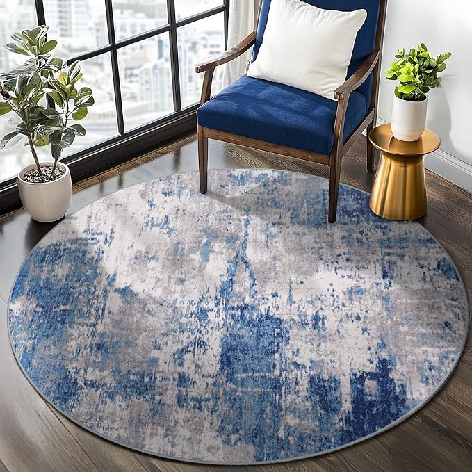 RELEANY Washable Round 4ft Area Rug for Living Room Blue Gray | carpet for bedroom, kitchen, office, hallway and entryway, printed pattern, non-slip, soft, stain-resistant, easy to clean