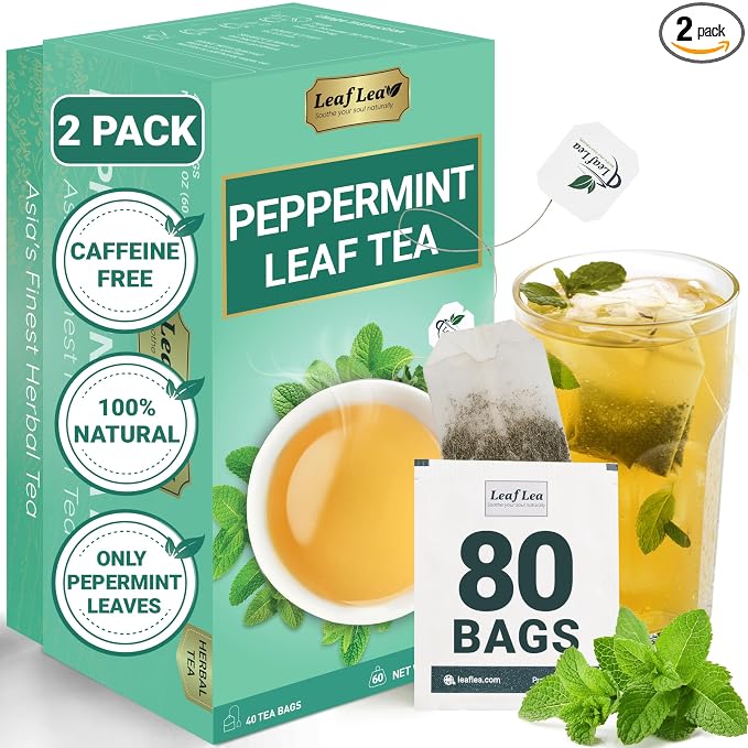 LeafLea Peppermint Tea Bags, Pure Peppermint Leaf Tea, 80 Count, 2-Pack | Real Mint Tea Bags With Smooth, Cooling Flavor, Caffeine-Free, Vegan, Individually Foil-Wrapped, Great To Share