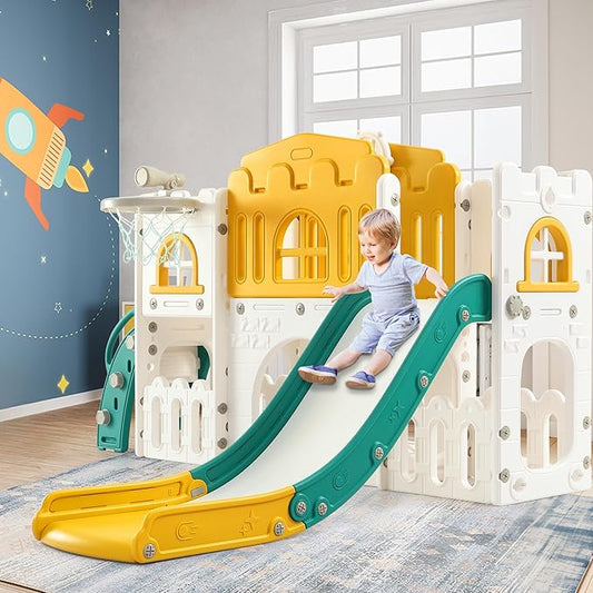 8 in 1 Toddle Slide Playset, Indoor Playground for Kids 1-3， Toddle Outdoor Playset with Slide, Climber, Tunnel, Basketball Hoop, Storage Space and Telescope for for Boys Girls, Orange