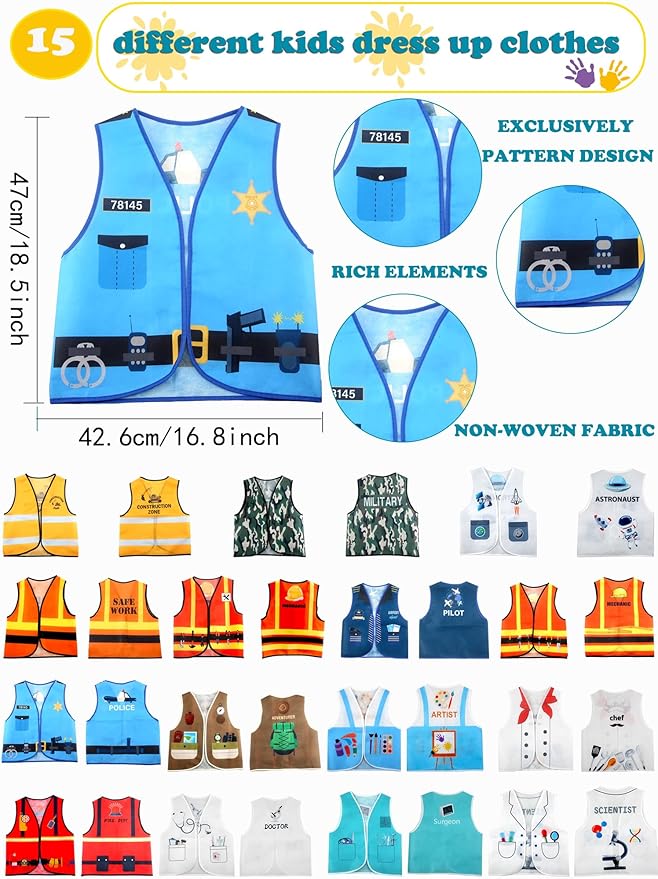 15 Pcs Kids Community Helper Dress Up Vest Career Cosplay Clothes Occupation Costumes for Toddlers Role Pretend Play
