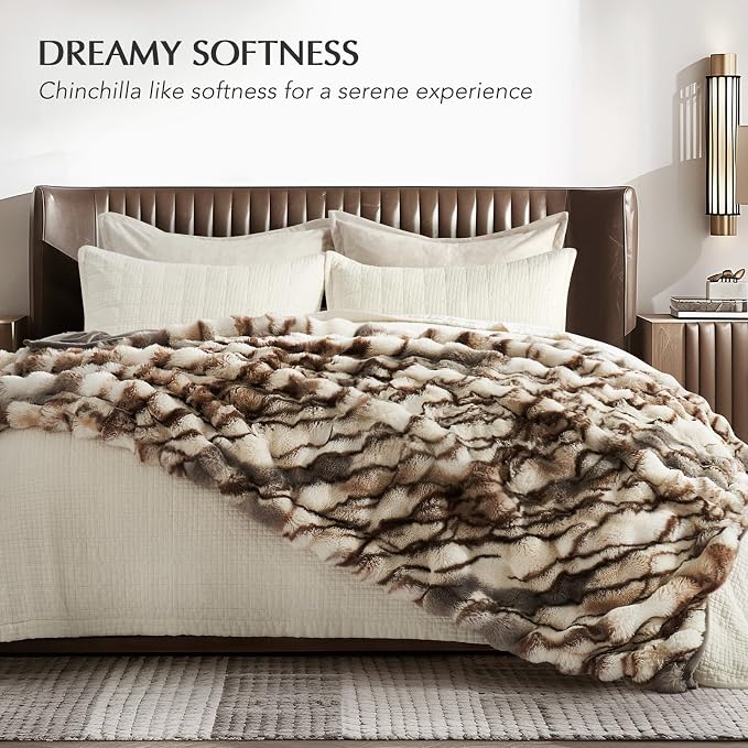 Faux Rabbit Fur Bubble Throw Blanket, 60"x80", Beige & Gray | Ultra Soft, Luxury Faux Rabbit Fur Throw, Thick Warm Bubble Blanket, Cozy Fluffy Reversible, for Bed, Couch, Chair, Sofa