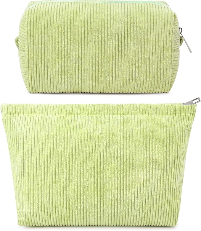 SOIDRAM 2 Pcs Corduroy Makeup Bag Large Cosmetic Bag Toiletry Bag Makeup Pouch Travel Bag Organizer Cute Makeup Brushes Aesthetic Accessories Storage Bag for Women Light Green