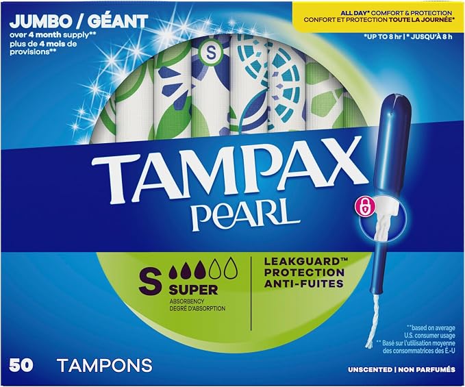 Tampax Pearl Tampons for Women, with LeakGuard Braid, Super Absorbency, Unscented, 50 Count