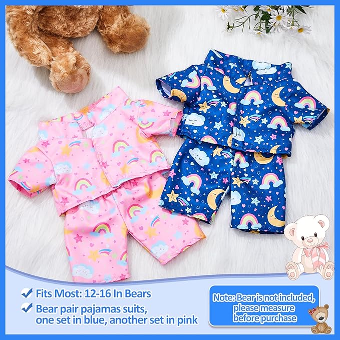 Civaner 2 Pack Blue and Pink Bear Clothes Outfit, Fit Most 12-16 Inch Bears Stuffed Animal Pajamas Plushie Clothes for Stuffed Animals, Pre-Kindergarten Toys