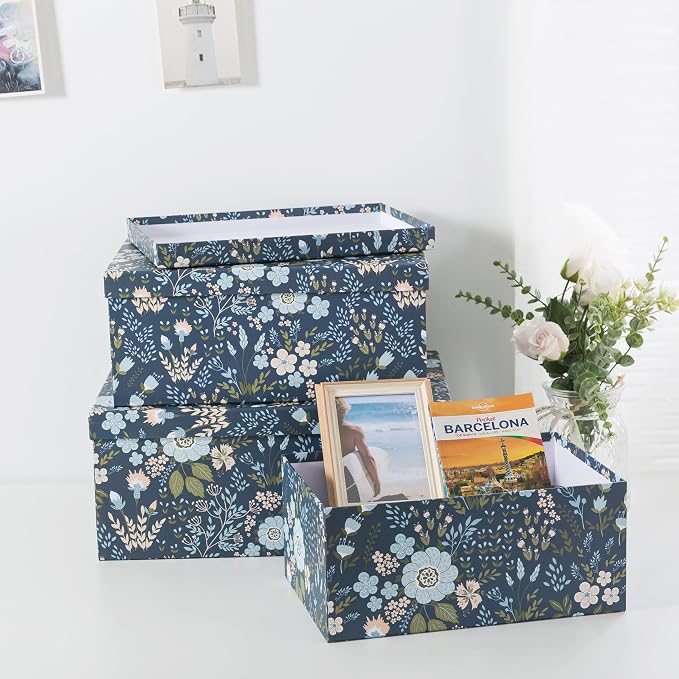 Soul & Lane - Nightfall Bloom Decorative Storage Boxes with Lids, Set of 3 | Large Nesting Cardboard Keepsake Boxes for Photos and Memories, Floral Photo Storage Containers for Home Decor