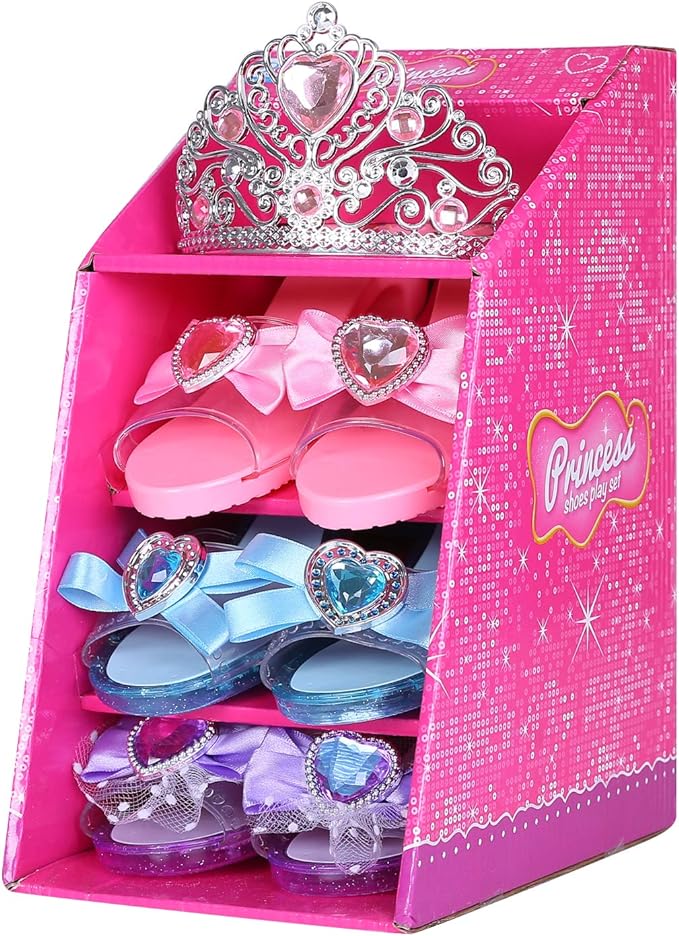 Girls Play Set! Princess Dress Up Shoes and Tiara (3 Pairs of Shoes + 1 Tiara) Role Play Collection Fashion Princess Shoe for Little Girls