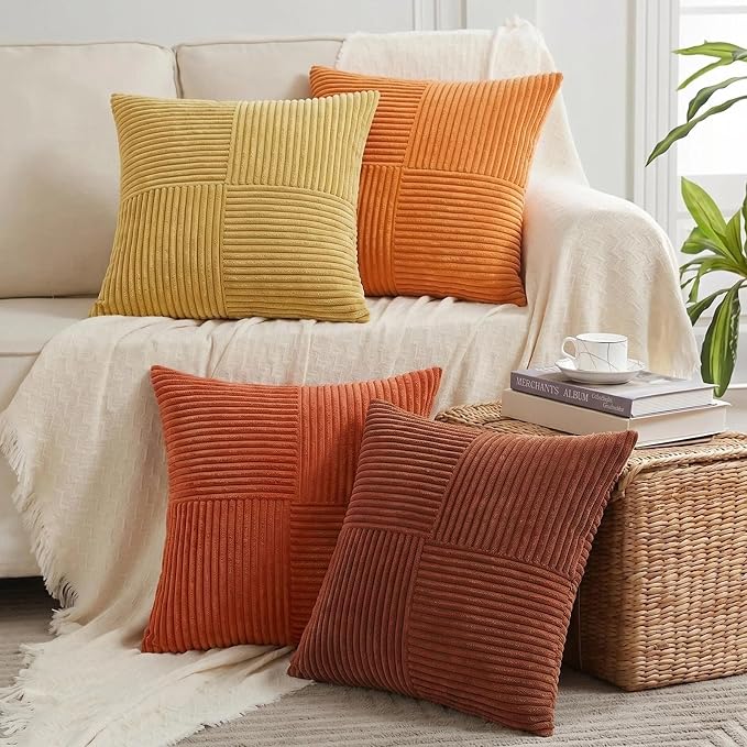Fancy Homi Set of 4 Boho Fall Decorative Throw Pillow Covers 16x16 Inch for Couch Bed Sofa Bedroom, Modern Farmhouse Home Decor, Soft Cross Striped Corduroy Patchwork Colorful Cushion Case 40x40cm