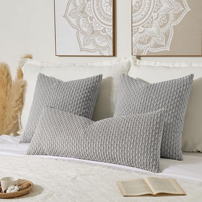 Kevin Textile Soft Corduroy 14"x36" Lumbar Pillow Cover 1 Pack, Light Grey | Boho Stripe Plush Corduroy Decorative Oblong Cushion Cover Modern Farmhouse Home Decor for Sofa Couch Bed Chair