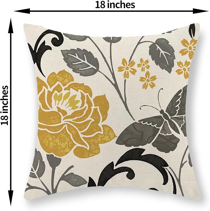 Mustard Yellow Pillow Covers 18x18 Inch Set of 2 Vintage Floral Decor Throw Pillows Grey Butterfly Flower Leaves Seasonal Outdoor Decorative Pillow Cases Linen Cushion Covers for Couch Sofa