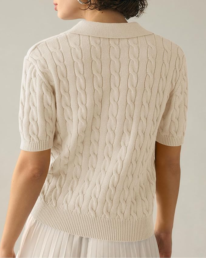 Imily Bela Womens Cable Short Sleeve Sweaters Tops Lapel V Neck Knit Shirt | Solid,Knit Casual,Soft Pullover,Fall Sweaters,Womens Summer Work Tops