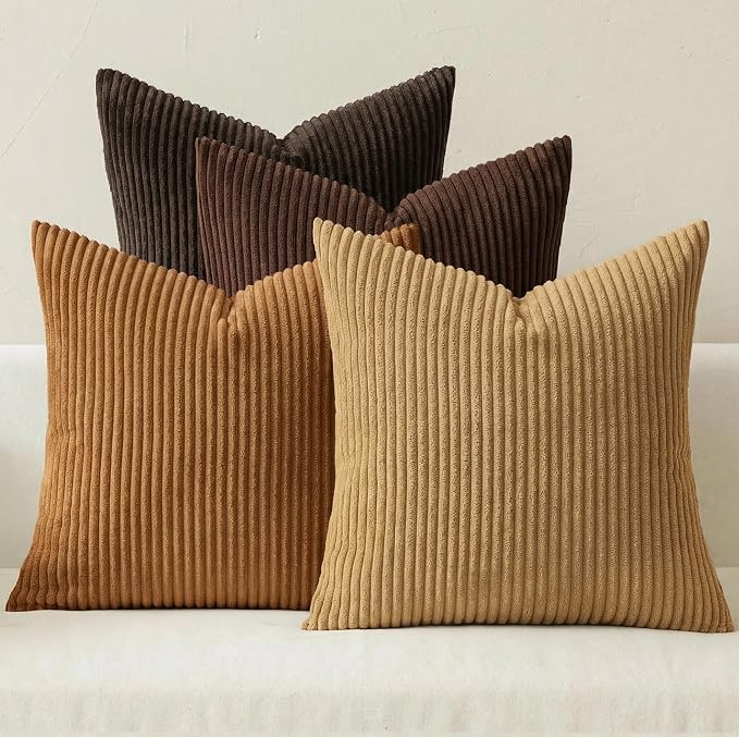 MIULEE Fall Corduroy Decorative Throw Pillow Covers Camel Brown 20x20 | Set of 4, Mordern Rustic Fall Decor, Wood-Tone Deep Browns, Boho Farmhouse Cushion Covers for Couch Bed Sofa Living Room