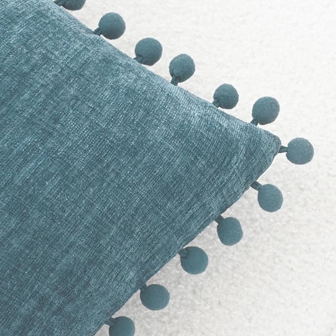 CaliTime Decorative Couch Throw Pillow Covers 20 X 20 Inches Smoke Blue | Pack of 2, Cozy Chenille Cushion Cases, with Pom Poms for Sofa Bed Living Room Farmhouse Home