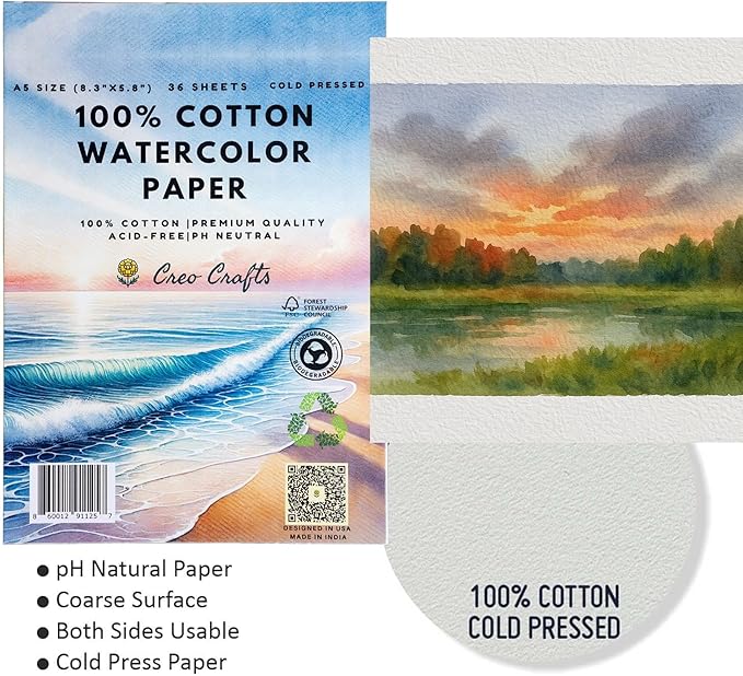 Creo Crafts 100% Cotton Watercolor Paper Pad 8x5” – 36 Sheets, A5, Cold Pressed, Acid-Free, pH Neutral, Premium Artist-Grade Paper for Painting, Drawing & Mixed Media