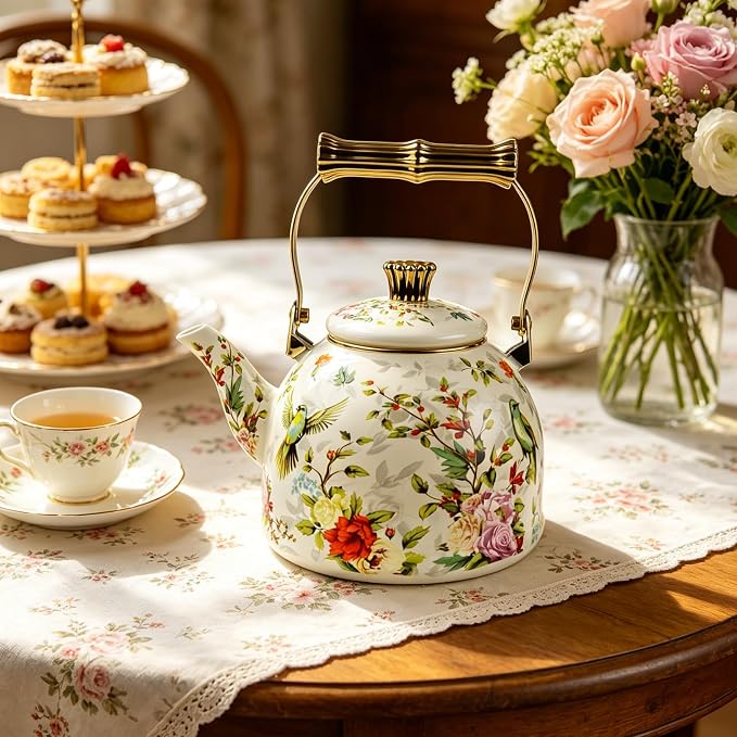 Vintage Enamel Tea Kettle Birds Floral Boho Stovetop Teapot with Gold Handle 2.5L Enamel Kettle Bohemian Kitchen Decor Ideal Gift for Housewarming Camping Coffee Pot