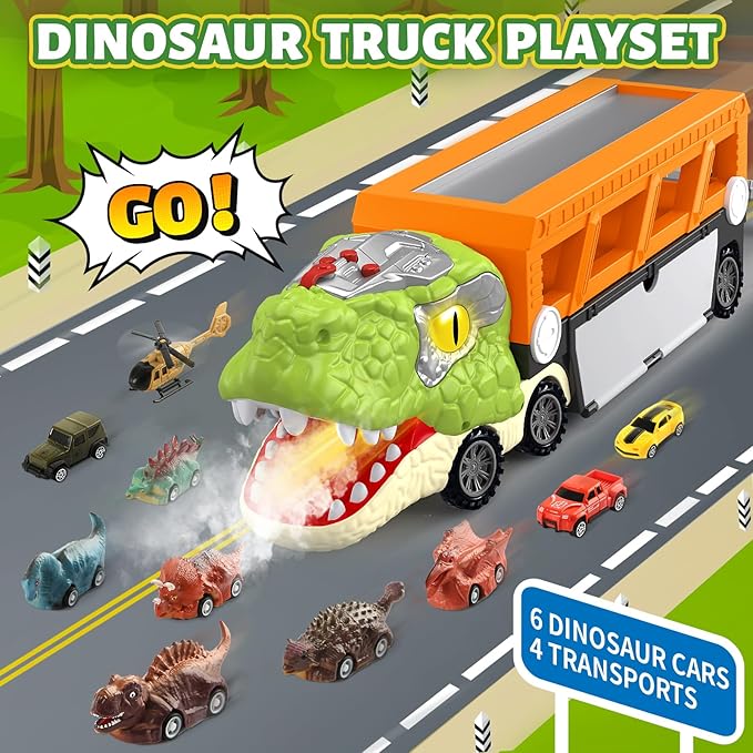Dinosaur Toys for Kids 3-5, 5-7 Year Old Boys, Big Dinosaur Truck with 10 Mini Cars, Dino Toys for Ages 2-4, Kids Toy T-Rex Transport Carrier Truck, Birthday Gifts for 3 4 5 Year Old Toddler Boys