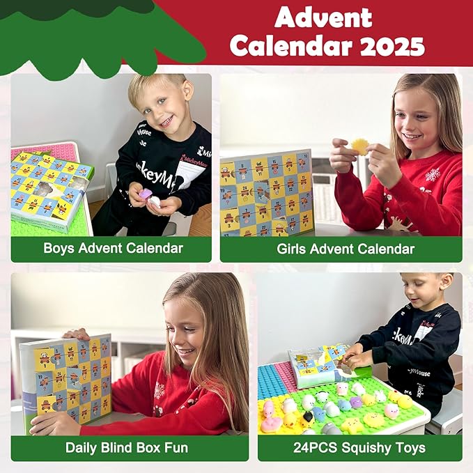 Advent Calendar 2025 Kids Christmas Countdown Calendar Mochi Squishy Toys for Girls and Boys Different Surprise Gift for 3+ Years Old Boys Girls Relief Stress