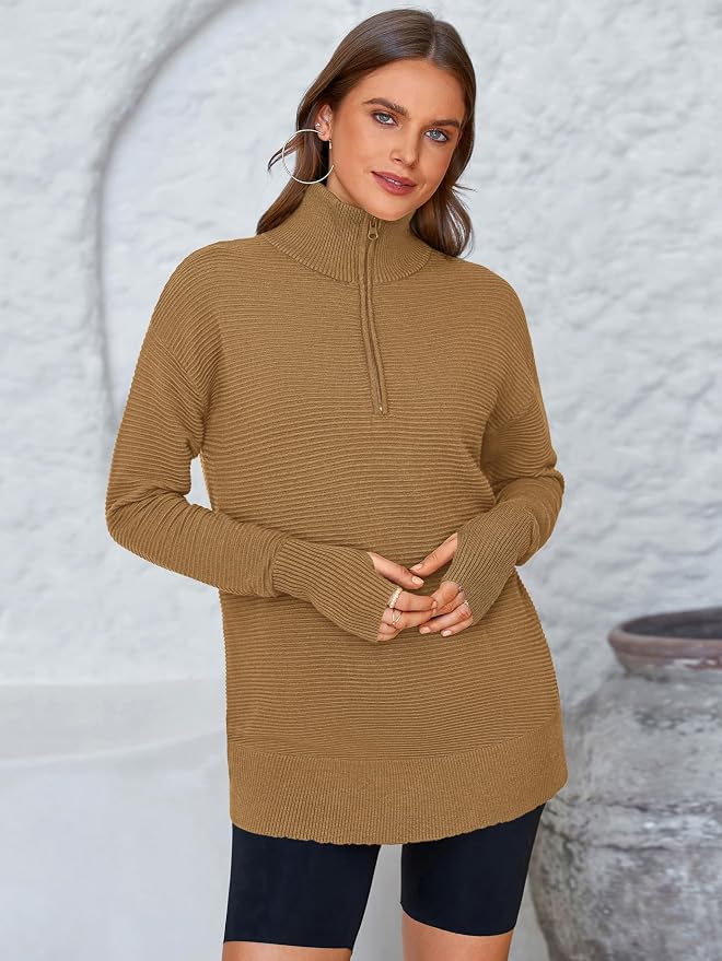 PRETTYGARDEN Womens Long Sleeve Quarter Zip Pullover Sweater Casual Loose V Neck Collared Ribbed Knit Jumper Tops Thumb Hole