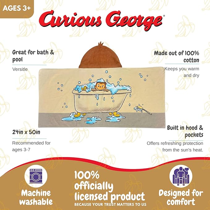 Curious George Monkey Kids Super Soft Bath/Pool/Beach Soft Cotton Terry Hooded Towel Wrap, 24 in x 50 in, Mario & Luigi, (100% Officially Licensed Product) By Franco