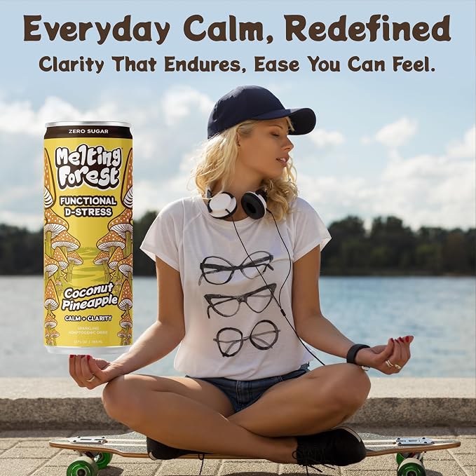 Melting Forest Functional Mushroom D-Stress - Adaptogen Drink with L-Theanine, Reishi, Lion's Mane & Magnesium - Relaxation Drinks for Stress Relief - 0 Sugar, 5 Calories - Coconut Pineapple (12-Pack)