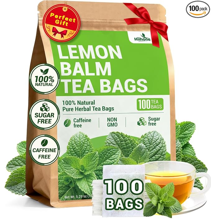 Lemon Balm Tea Bags, Pure & Natural Melissa Officinalis Herbal Tea, Premium Dried Lemon Balm Leaf with Naturally Lemony & Citrusy Flavor, Caffeine-Free, Non-GMO, 100 Count