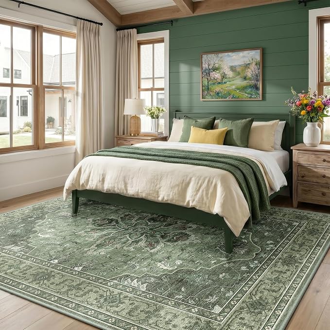 RELEANY Area Rugs 8'x10' Washable Non-Slip, Floral Vintage Distress Medallion Carpet for Living Room Bedroom Dining Room, Dark Green Gray