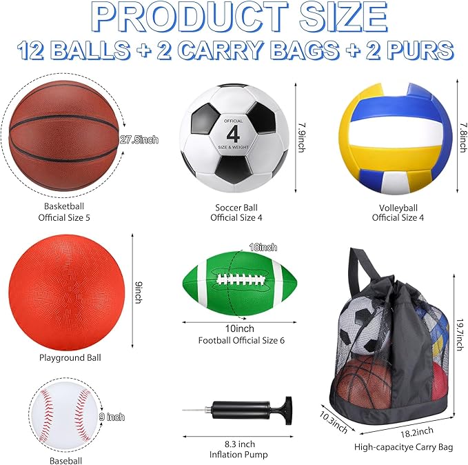 Deekin 12 Pcs Assorted Sport Ball Set Official Size Basketball, Football, Volleyball, Soccer, Baseball, Playground Ball with Bag and Pump Gift for Kid Youth Adult Back to School