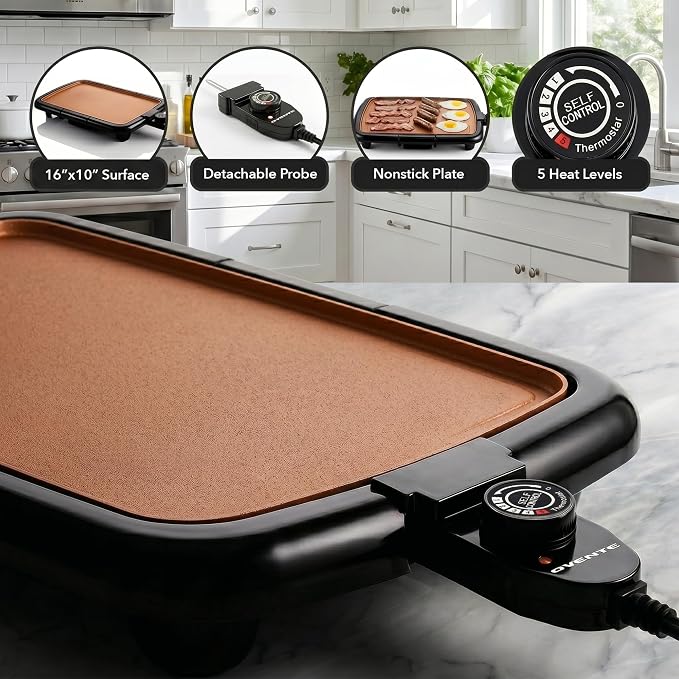 OVENTE Electric Griddle with 16 x 10 Inch Non-Stick Plate, Copper GD1610CO | Removable and Adjustable Temperature Control, Indoor Grill perfect for Instant Breakfast, Pancakes, Eggs or Burgers