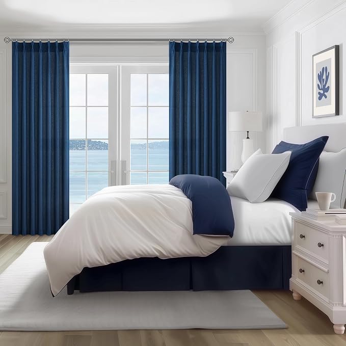 PleatedDrapes Denim Blue Semi Sheer Curtains 90 Inches Long for Dining Room 2 Panels Set, Modern Pinch Pleat Heavy Linen Blend Light Filtering Nursery Navy Drapes with Back Tab Window Burg 7-1/2 FT