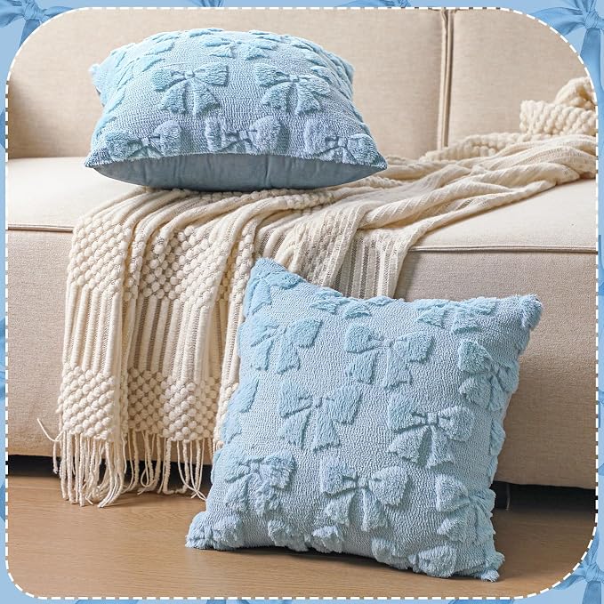 Mixweer Blue Bow Pillow Covers Set of 2 Preppy Room Decor Coquette Cute Spring Summer Decorative Faux Fur Soft Bowknot Stuff Fluffy Plush Aesthetic Pillowcase for Bed Sofa Couch (18 x 18 Inch)