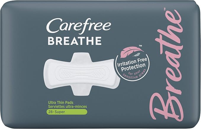 Carefree Breathe Ultra Thin Super Pads with Wings, Irritation-Free Protection, Unscented, 28 Count