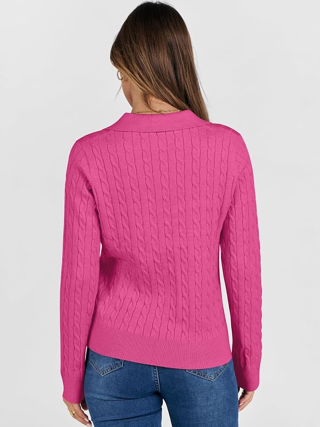 ANRABESS Womens Cable Knit Sweaters Long Sleeve V Neck | Pullover Collared Sweater Tops, Polo Knit Shirts, Business Casual Work, Tennis Golf, Fall Winter Fashion Outfits