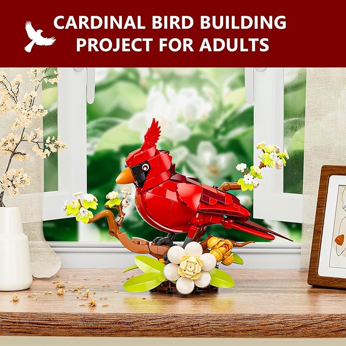 Northern Cardinal Building Set, Male Cardinal Bird with Blooming White Dogwood Flowers, Creative Set for Adults to Build and Display, Red Cardinal Modle, Memorial Gifts for Bird Lovers
