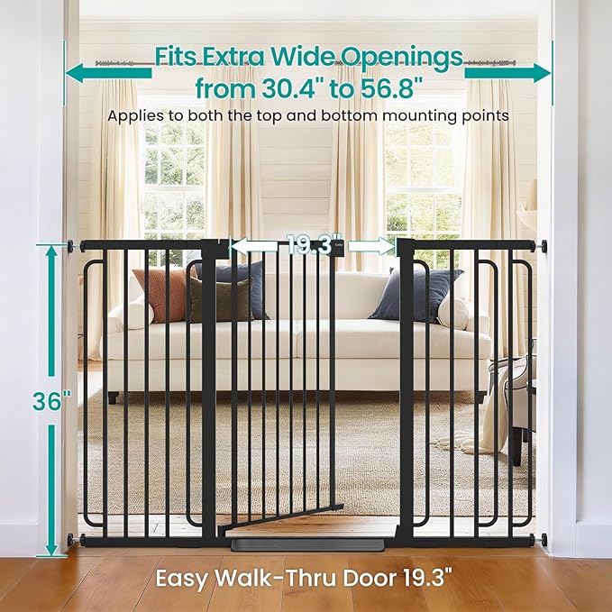 Cumbor 36" Extra Tall Baby Gate for Stairs, 30.4-56.8" Extra Wide Dog Gate Indoor, Dual Lock & Self-Closing Child Gate for Doorways, Hallways & Large Opening, Safety Baby Proofing for the House, Black