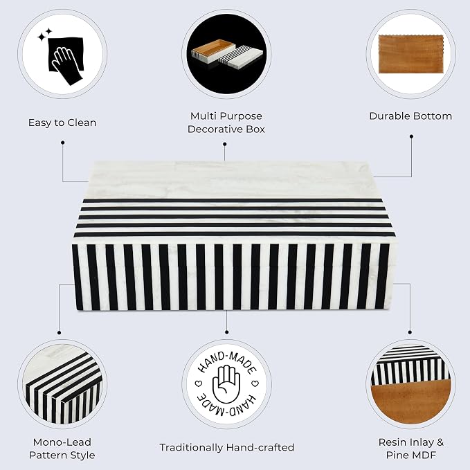 Handicrafts Home Large Decorative Storage Box with Lid – Black White Modern Storage Box, Remote Control Organizer for Coffee Table, Console & Living Room Decor – Mono Lead 12 x 6 x 2
