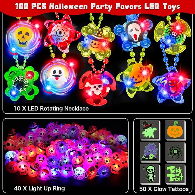 100 Pcs Halloween Party Favors for Kids, 40 LED Light Up Rings 10 LED Rotating Necklaces Glow In The Dark 50 Temporary Tattoos Halloween Toys Bulk Halloween Trick or Treat Toys Gifts Party Supplies