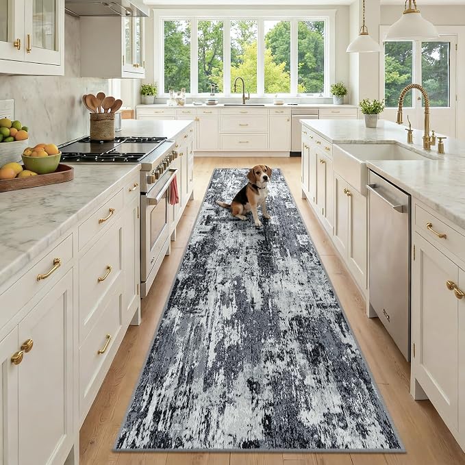 RELEANY Washable Runner 2'6"x10' Abstract Area Rug for Hallway Black White | carpet for kitchen, entryway, bathroom, living room, bedroom, printed pattern, non-slip, soft, stain-resistant, easy to clean