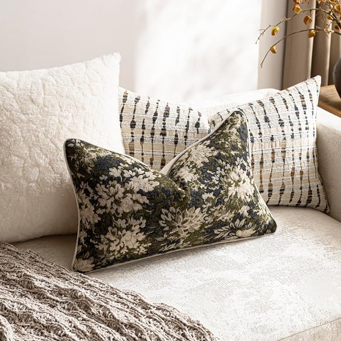 Pack of 2 Vintage Floral Pillow Covers 12x20 Boho Farmhouse Accents Chenille Rectangular Lumbar Decorative Throw Pillow Cases for Living Room Couch Bed Home Decor, Olive Green